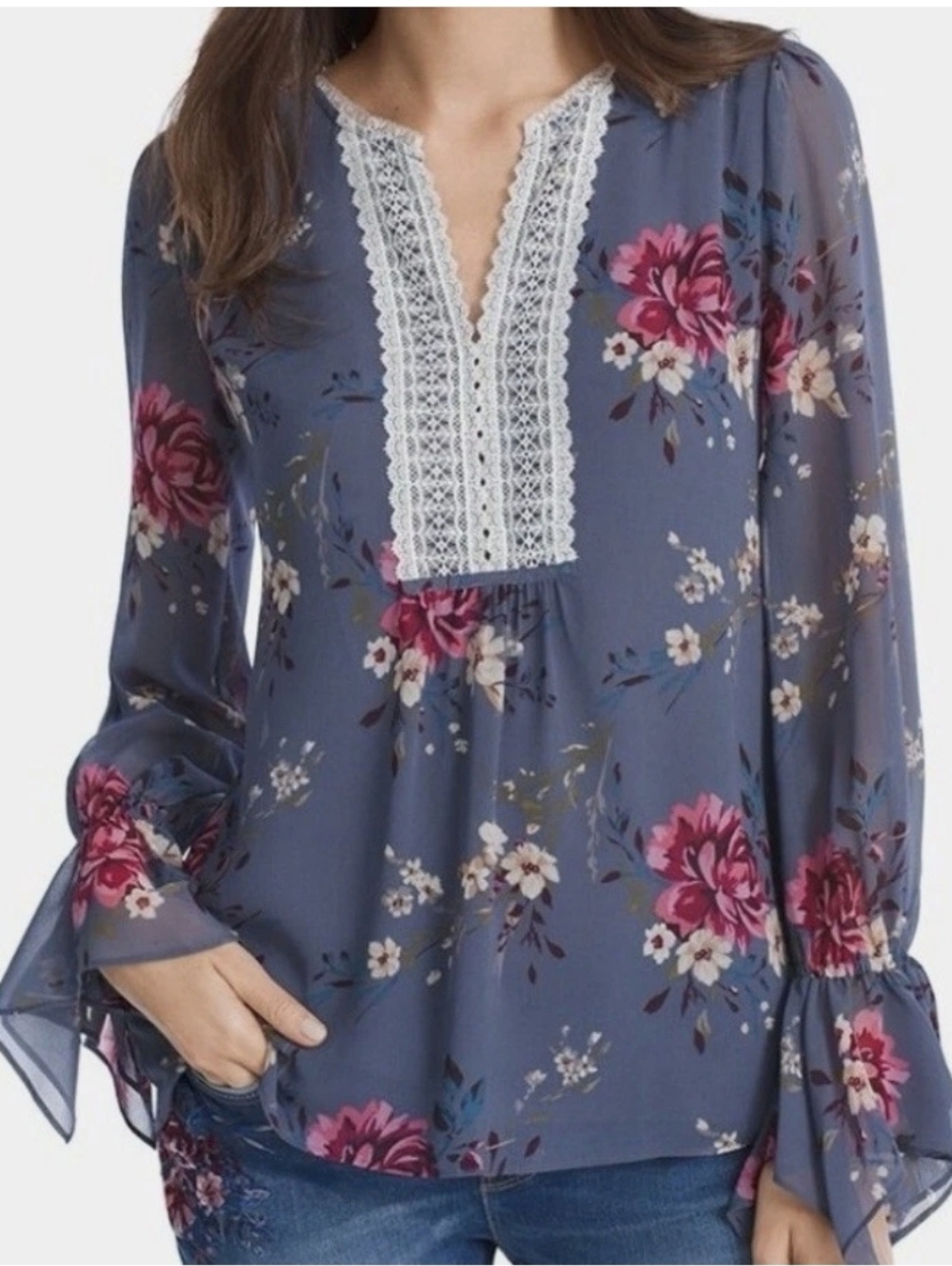 White House Black Market Blue Floral Lace-Trim Blouse Size 12